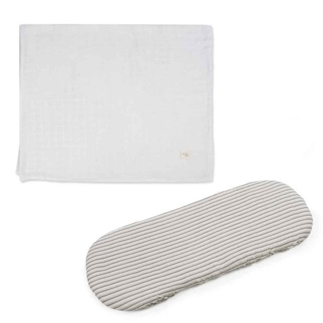 Sábana Ajustable + Muselina Botton Rayas Walking Mum