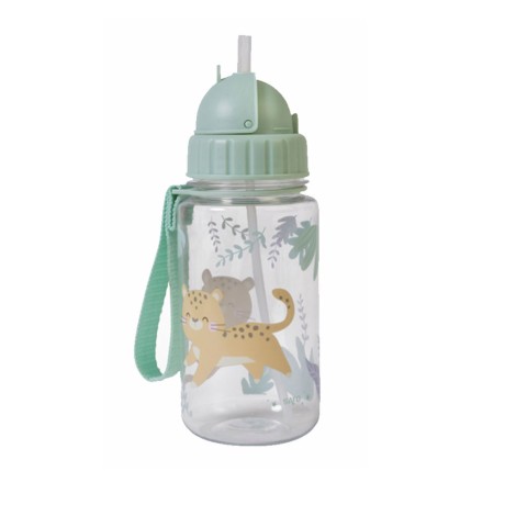 Botella infantil Saro Selva de 350 ml con pajita abatible, sistema antiderrame y colgador. Ideal par